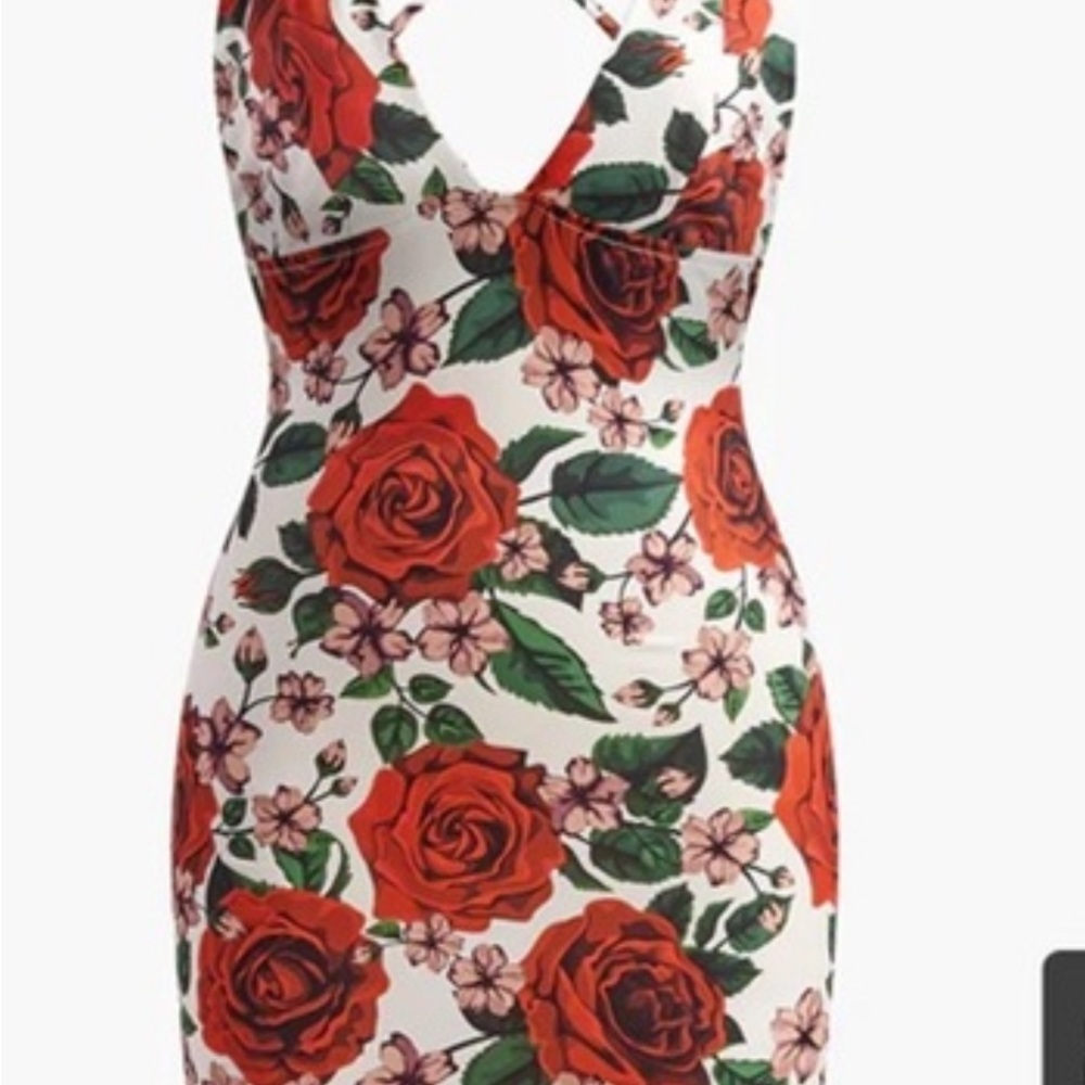 Commense Red and Green floral spaghetti Strapl Bodycon Dress - Picture 5 of 12